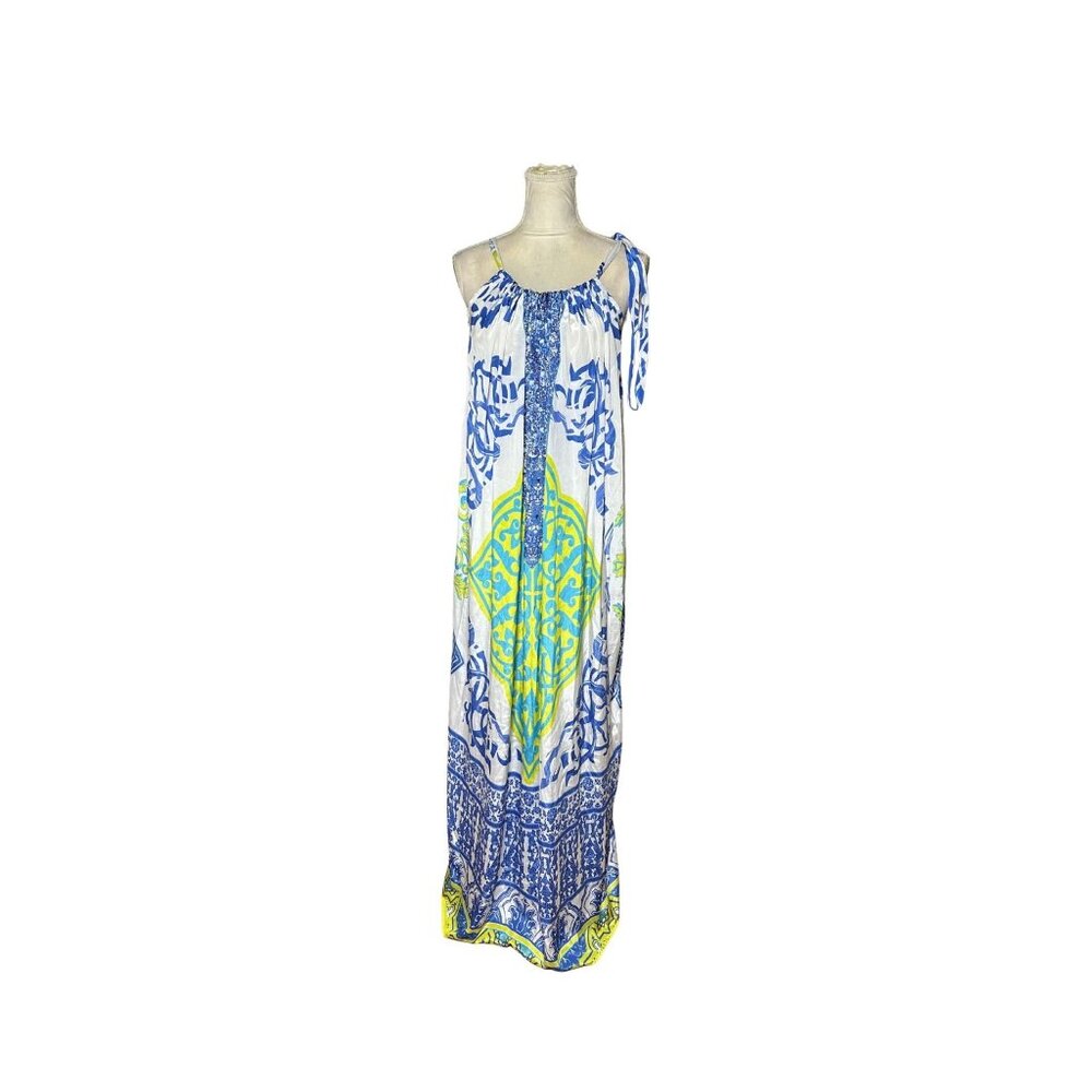 Ruby Yaya Blue & Green Maxi Dress L/XL Boho Style Intricate Embroidery Loose Fit